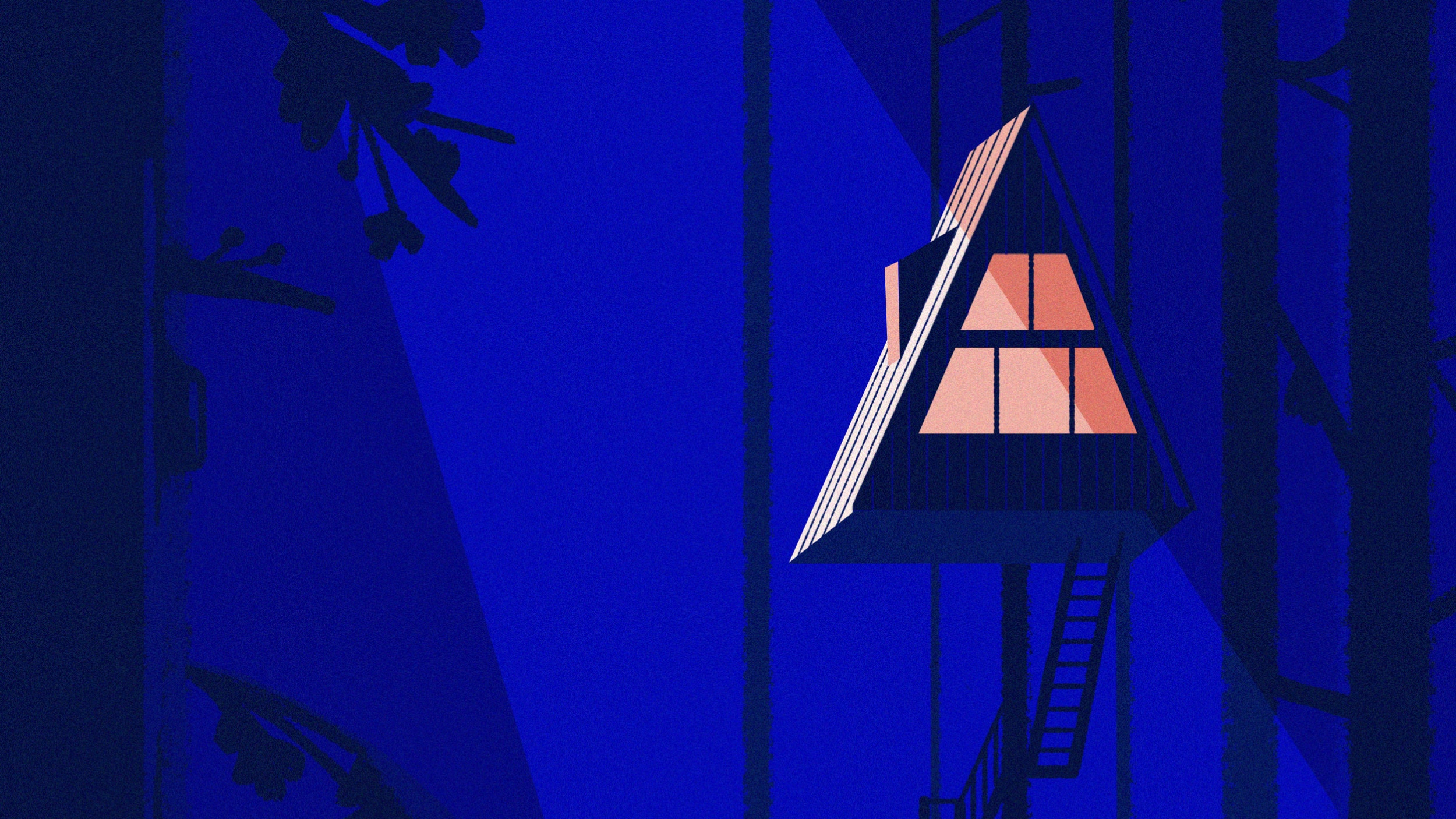 Une maison triangulaire perchée dans un arbre, la nuit, illustrant l'association La Maison Perchée qui vient en aide aux personnes atteintes de schizophrénie et d'autres troubles.