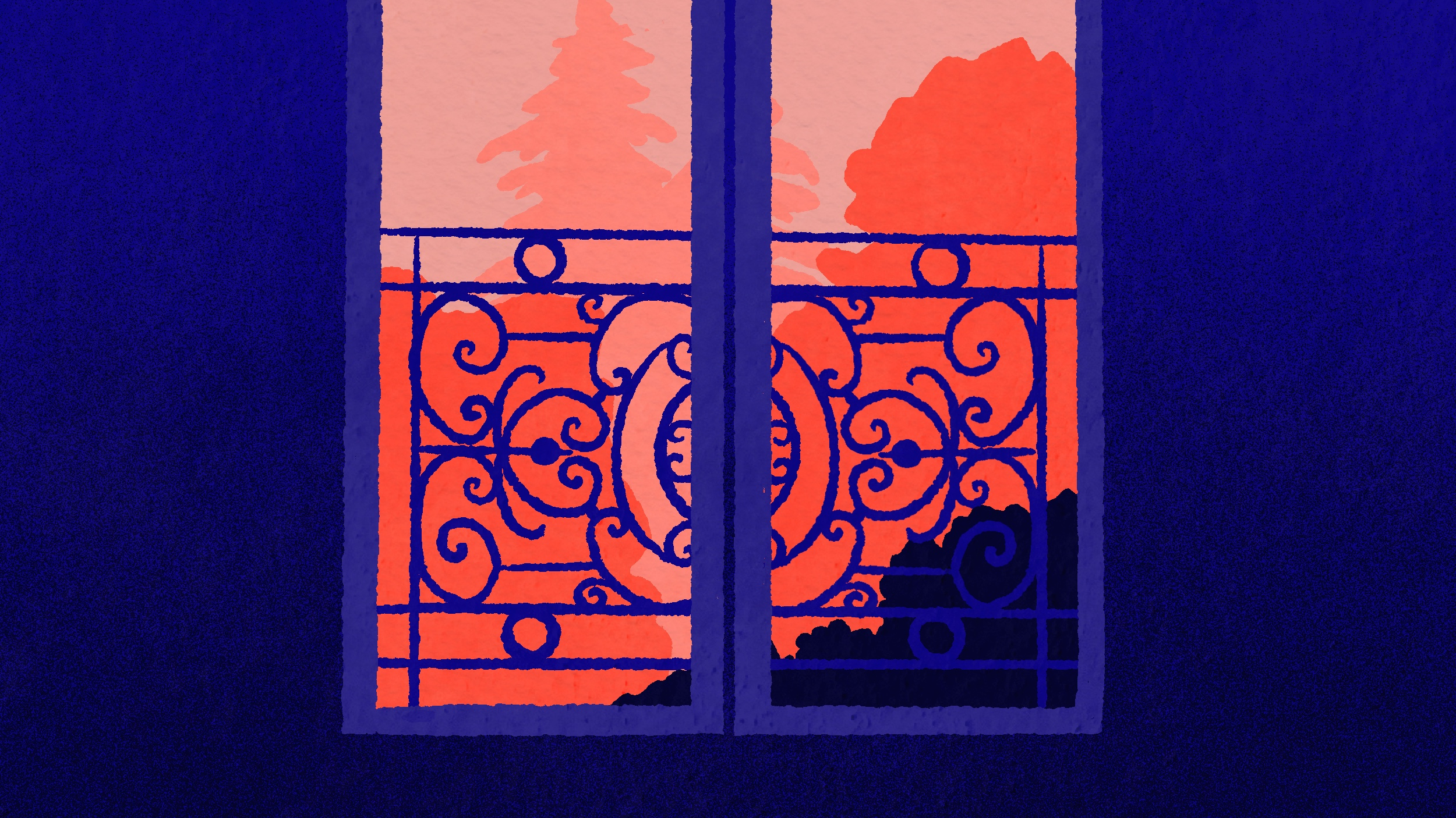 Pièce sombre, fenêtre fermée avec arbres à l'extérieur, dans un ton rouge orangé. Manon Combe pour Les Maux Bleus.