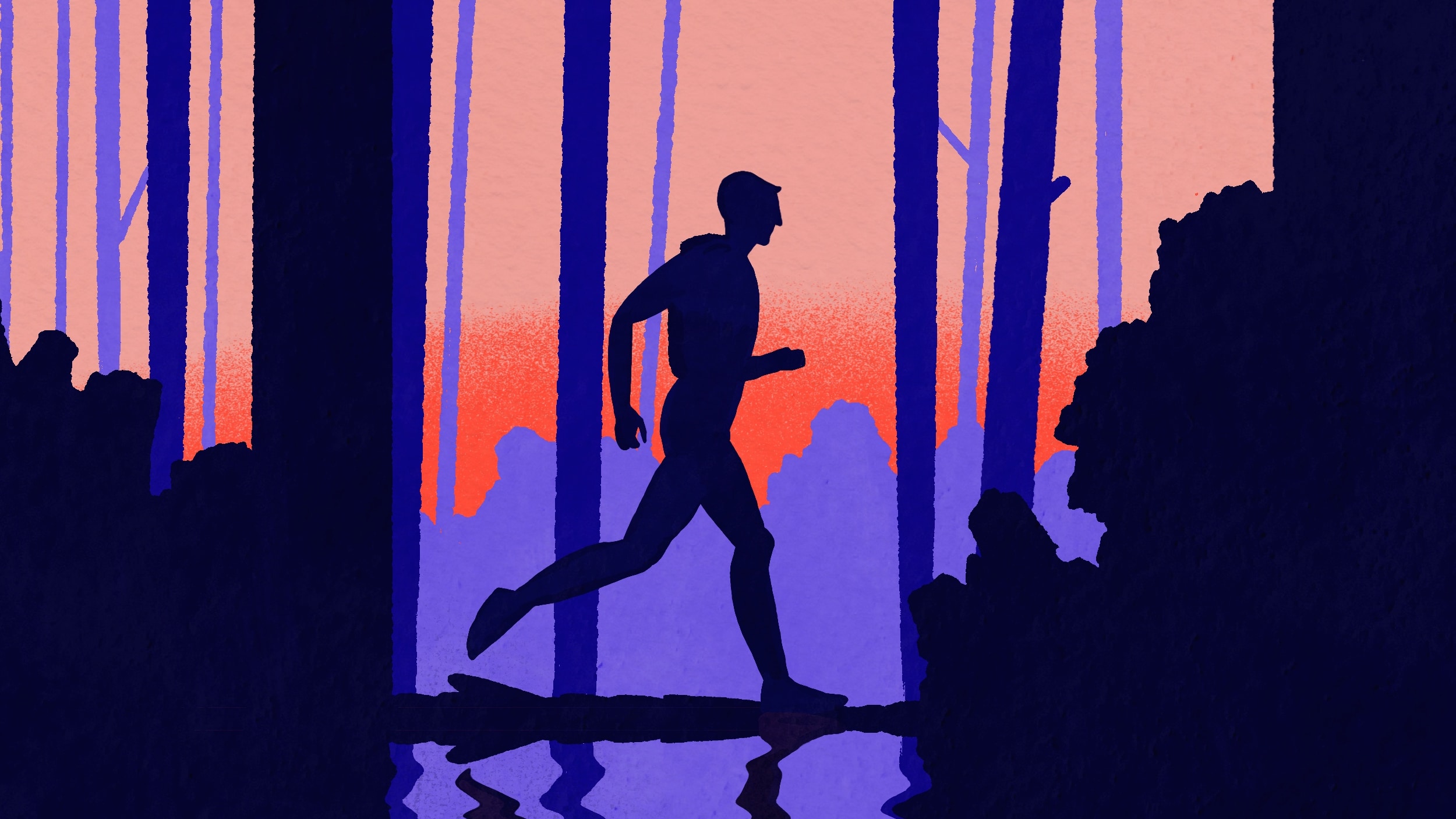 Homme courant dans la forêt au bord d'un lac. Manon Combe pour Les Maux Bleus, un podcast sur la santé mentale.