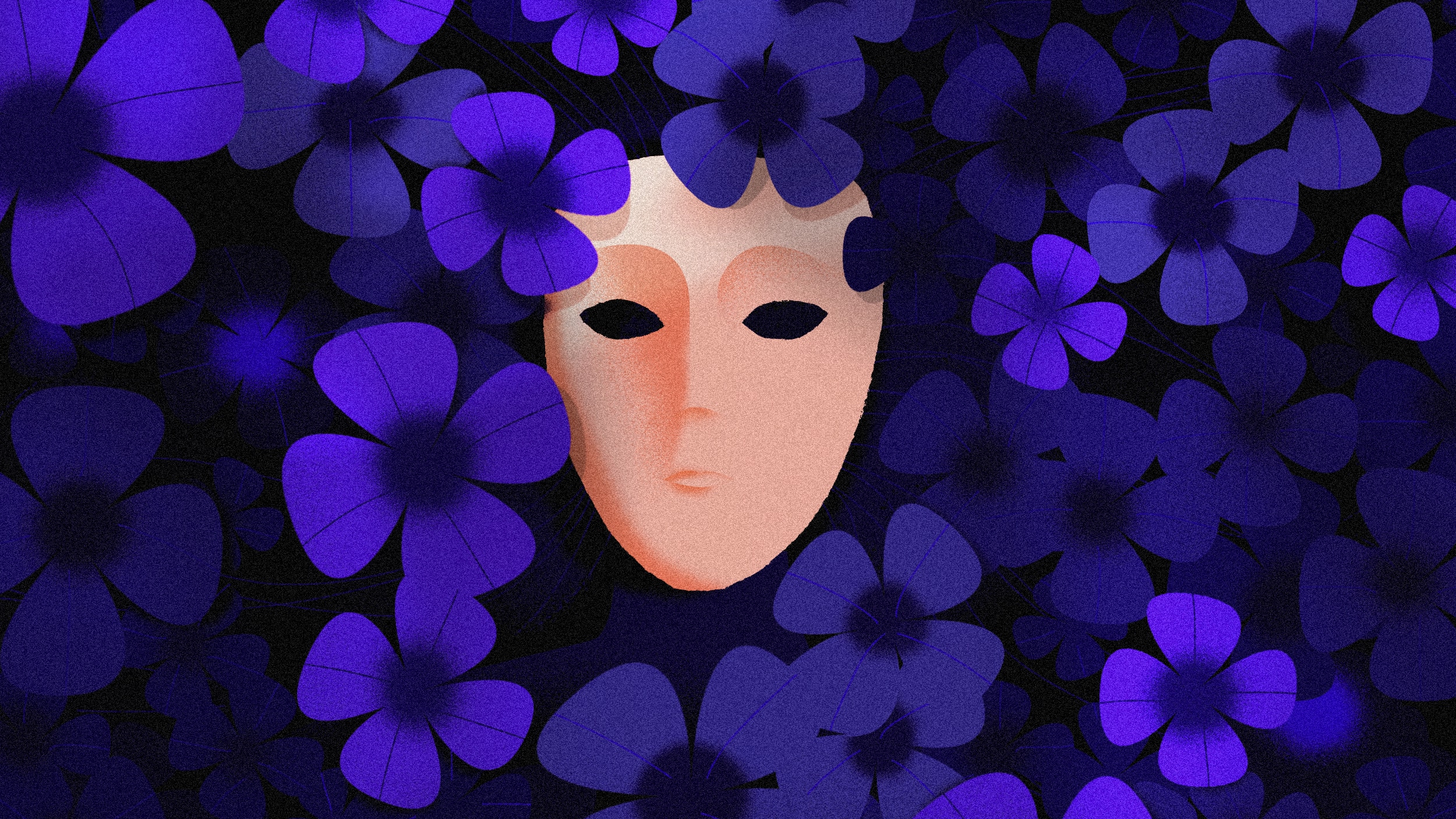 Masque en arrière d'un parterre de fleurs mauves, illustrant le sentiment d'imposture qui peut exister dans les troubles anxieux.
