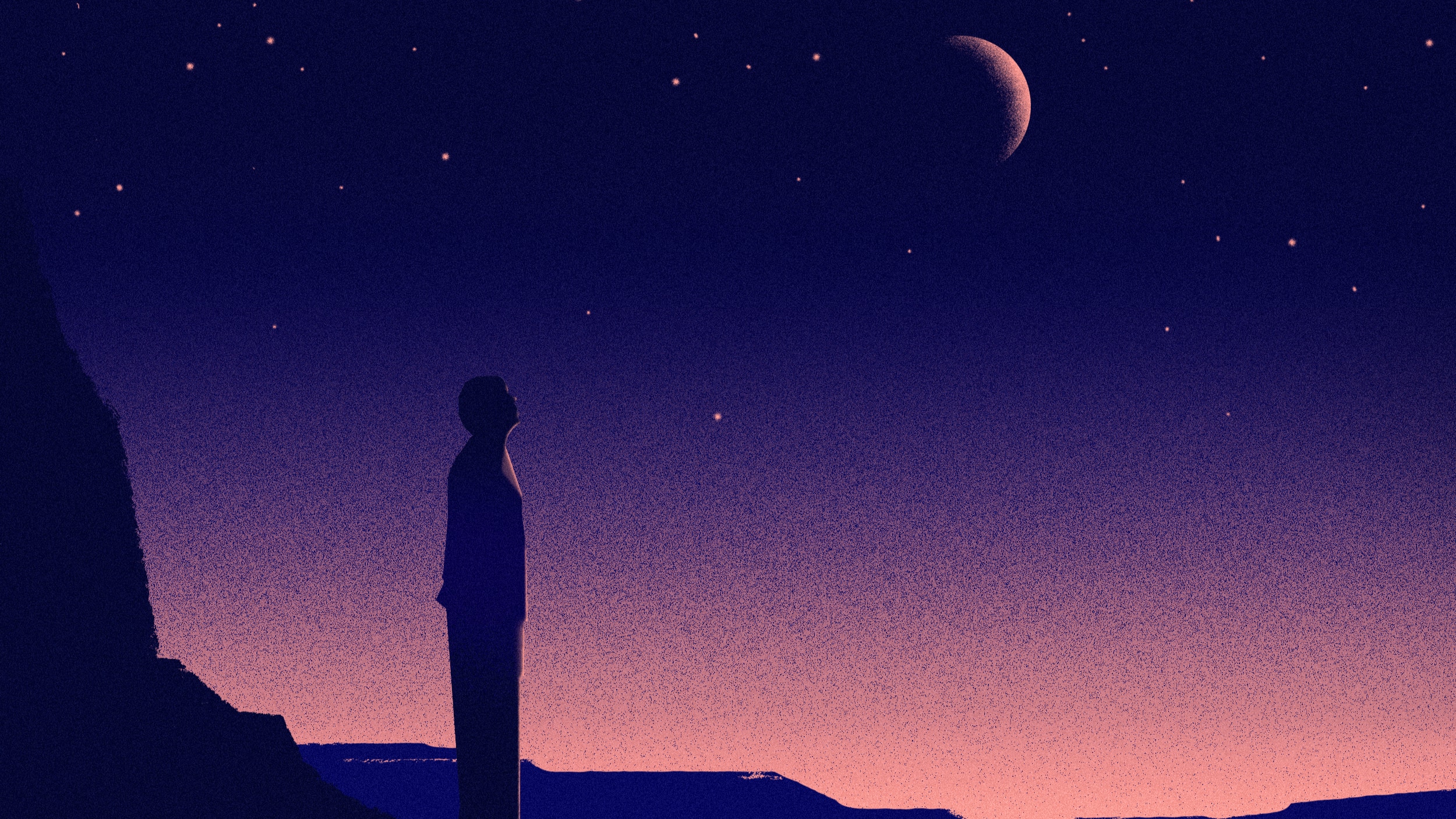 Homme debout devant un ciel étoilé, regardant vers les étoiles, illustrant les idées de grandeur qui peuvent être présentes dans troubles bipolaires.
