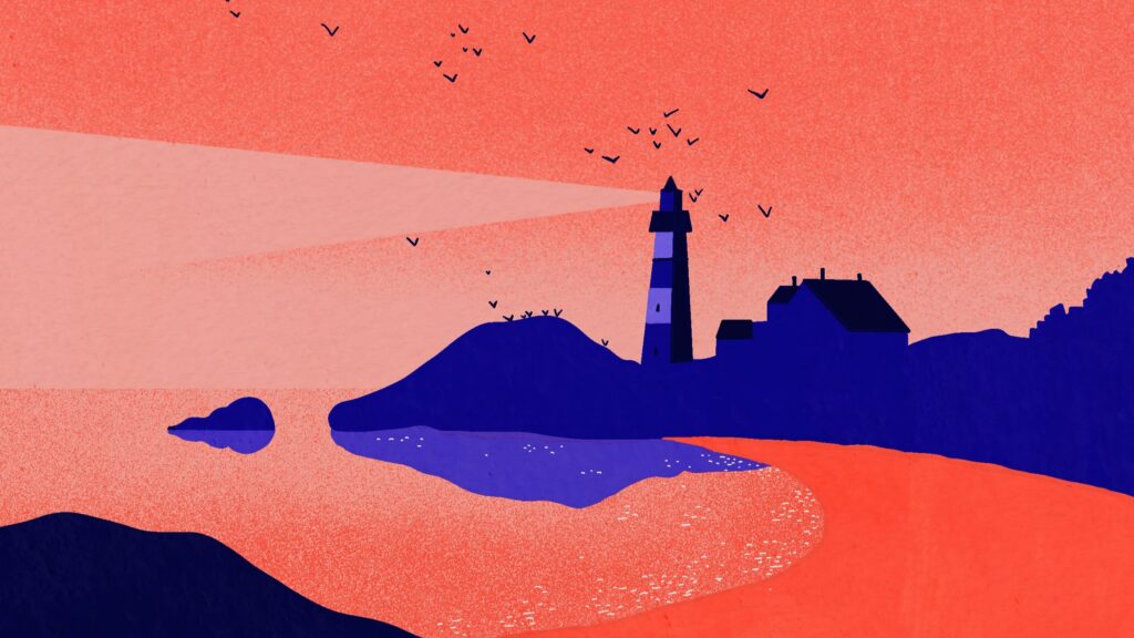 Phare au bord de la mer, illustrant un paradis perdu. Manon Combe pour Les Maux Bleus, un podcast sur la santé mentale.